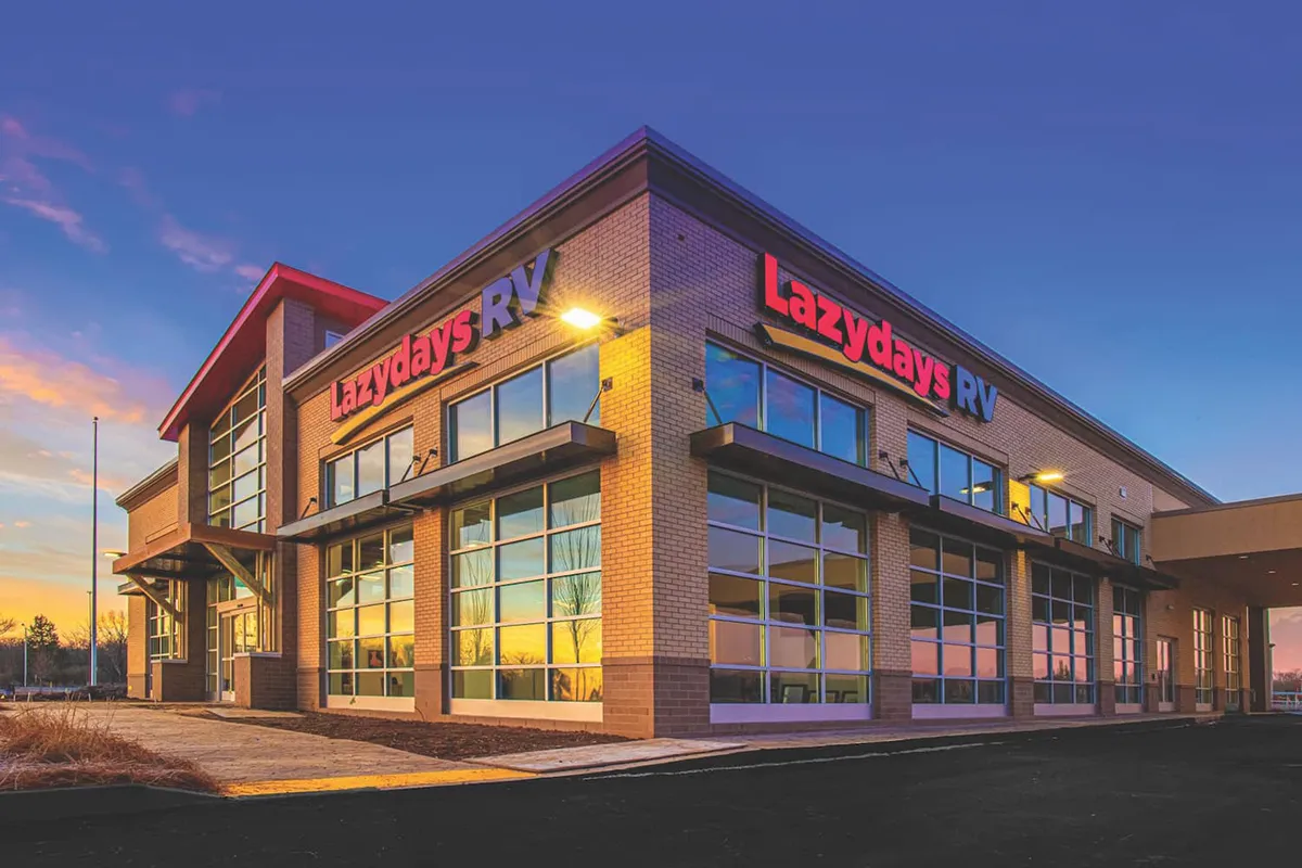 Exterior of Lazydays RV dealership facility in Murfreesboro, TN, developed by Bock Construction for the nationwide brand’s local expansion.