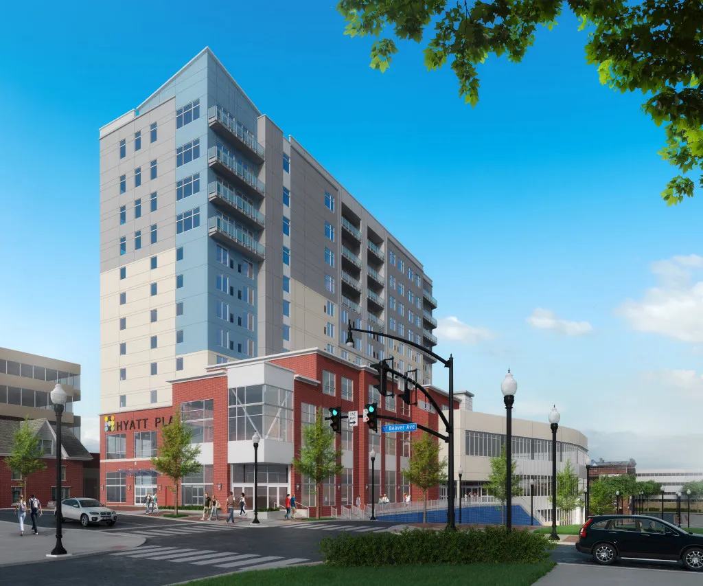 High-rise view of the 12-story Fraser Center mixed-use building in State College, PA, constructed by Bock Construction.
