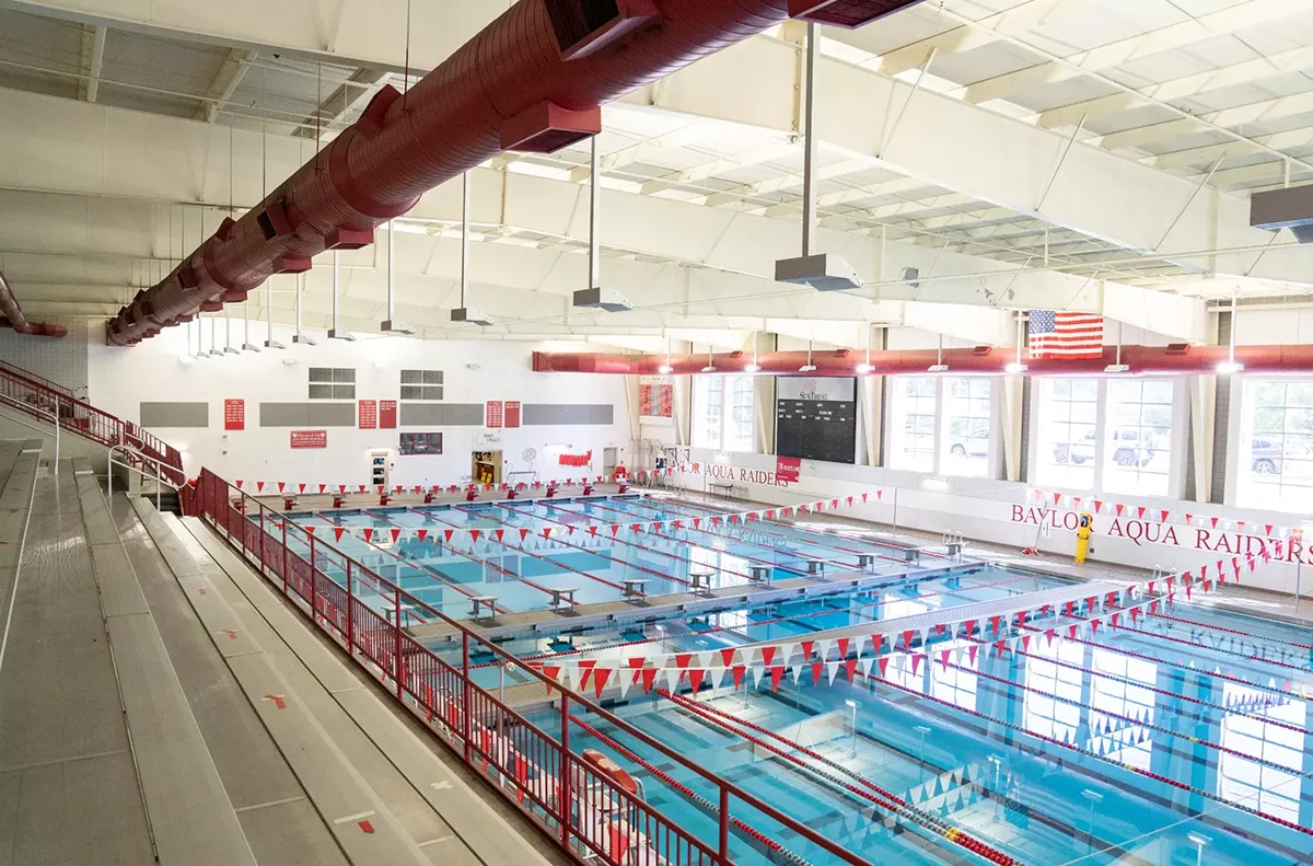 Interior view of competition pool at Baylor School Aquatic Center in Chattanooga, TN, built by Bock Construction.