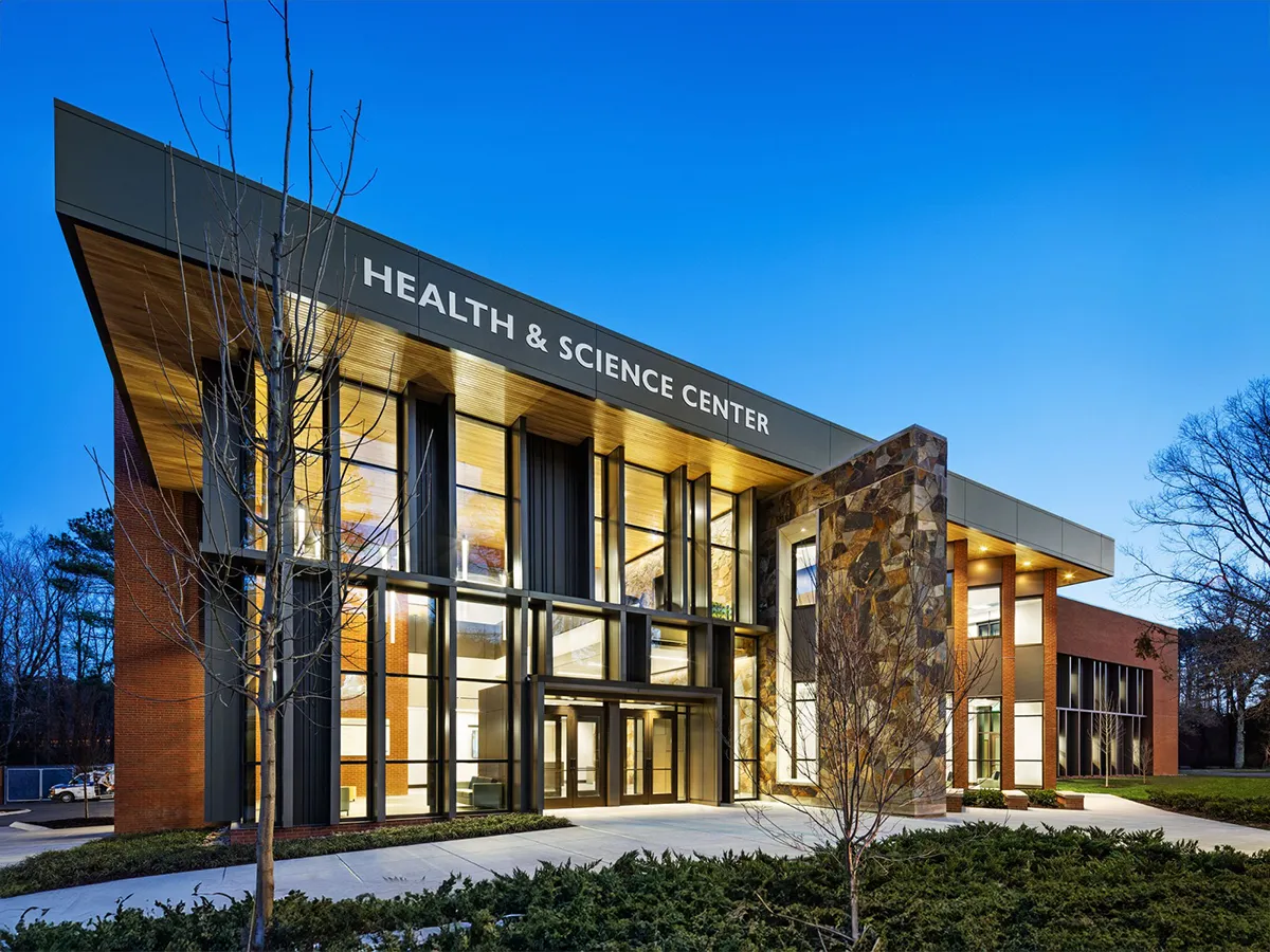 Front view of the Health & Science Center at Cleveland State Community College in Cleveland, TN, at night built by Bock Construction.