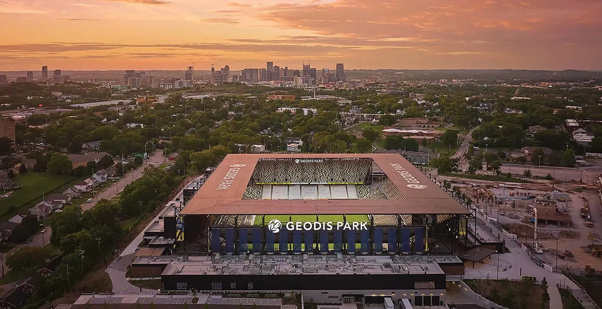 Front aerial view of Geodis Park MLS stadium in Nashville, TN, built by Bock Construction.