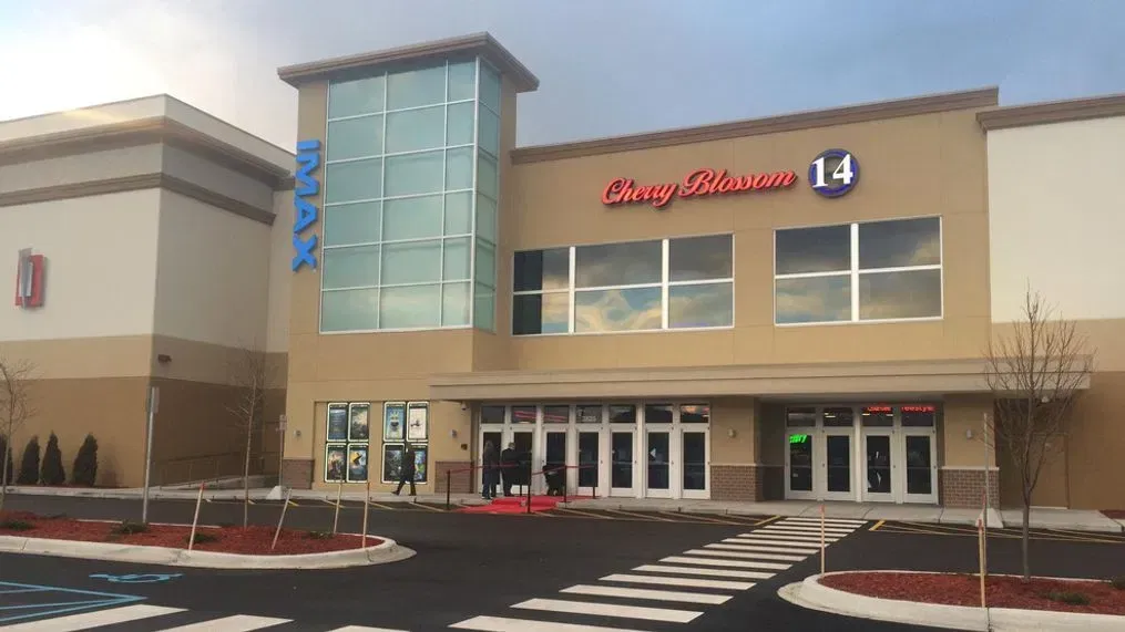 Front entrance of Patriot Cinema multiplex in Fayetteville, NC, constructed by Bock Construction.