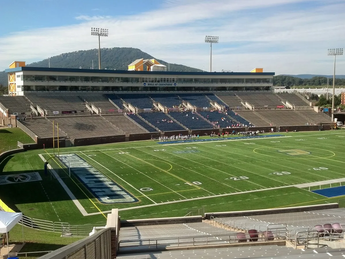Side stadium view of Finley Stadium at the University of Tennessee at Chattanooga, Chattanooga, TN, constructed by Bock Construction.