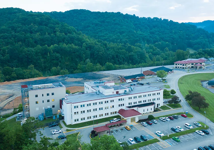 Aerial view of Manchester Memorial Hospital facility expansion in Manchester, KY, constructed by Bock Construction.