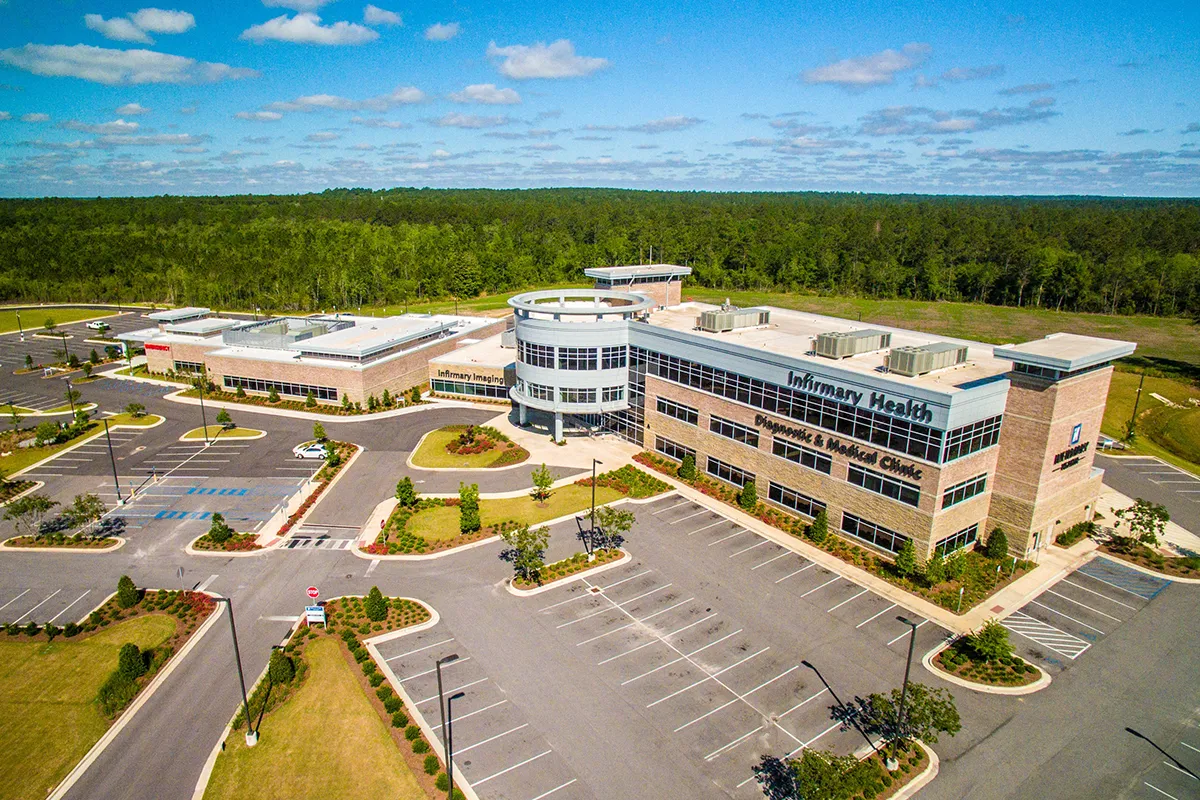 Aerial view of Infirmary Health campus project in Saraland, AL, constructed by Bock Construction.