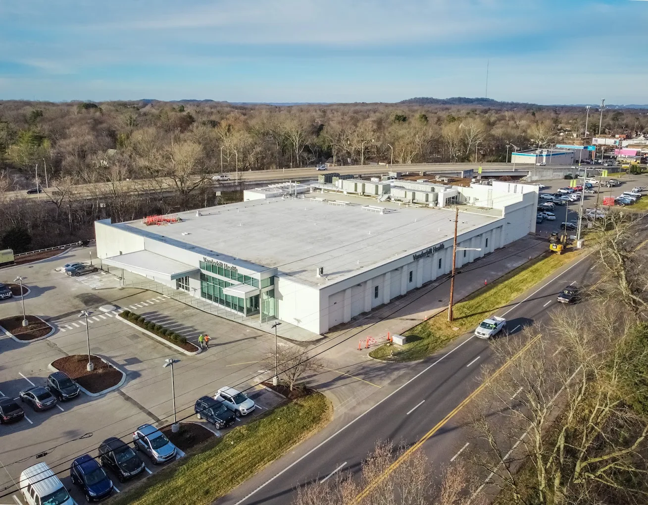 Aerial view of the Vanderbilt Health Belle Meade outpatient facility in Nashville, TN, constructed by Bock Construction.