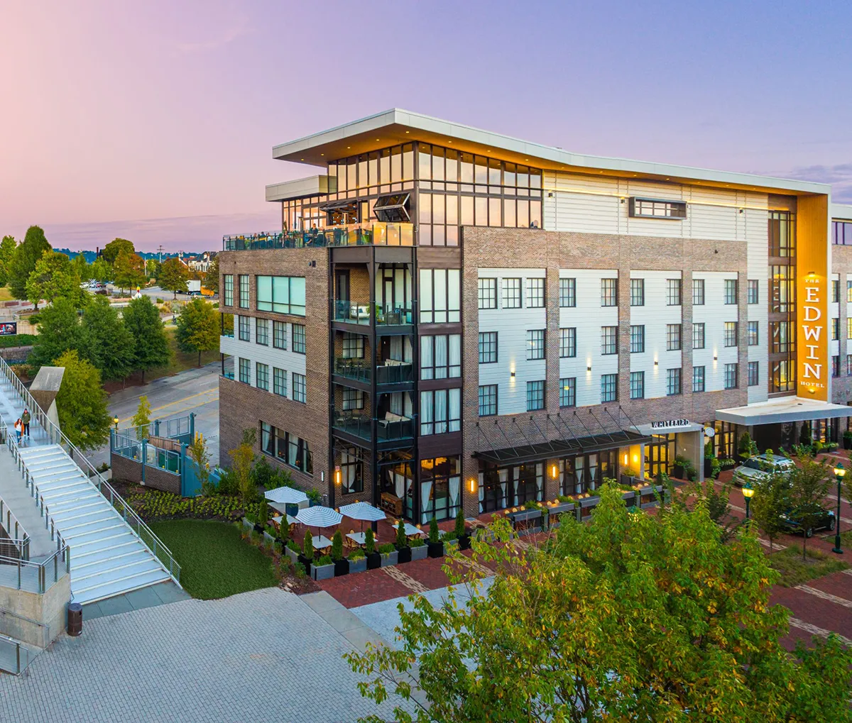 Elegant exterior of The Edwin Hotel in Chattanooga, TN, constructed by Bock Construction.