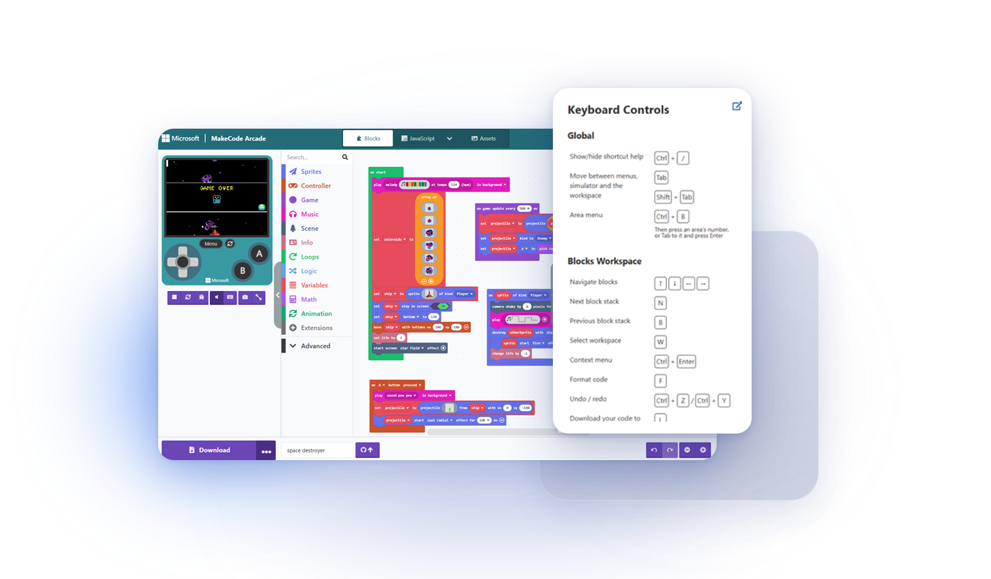 MakeCode Arcade block editor with the Keyboard Controls shortcut panel open beside a space game project.
