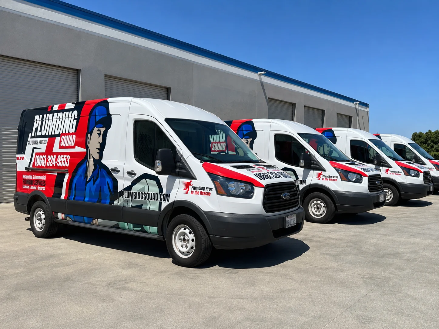 Plumbing Squad service vans ready for emergency plumbing in LA and Orange County