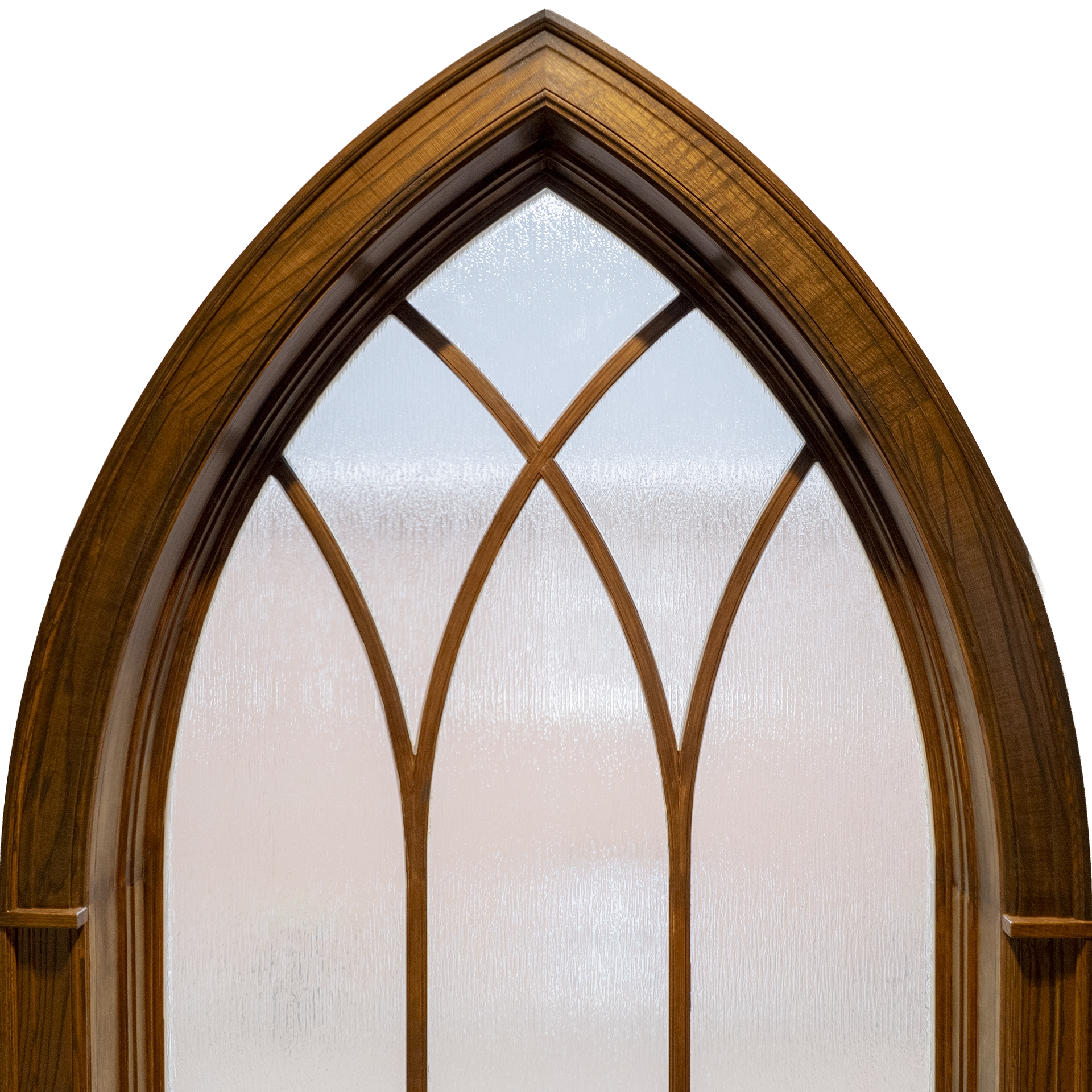 Arched wooden window with textured frosted glass and decorative wooden mullions forming intersecting arches.