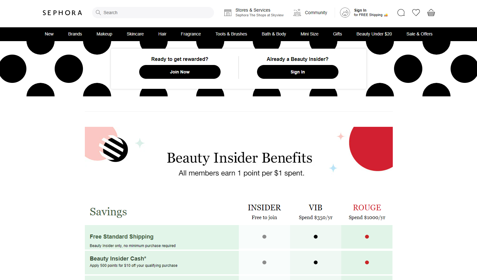 Sephora's loyalty program name "Beauty Insider" and reward teirs displayed on their loyalty program home page.