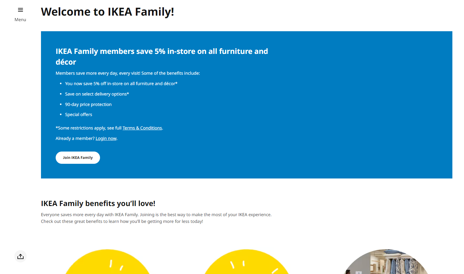 IKEA's loyalty program name "IKEA Family" and loyalty program benefits displayed on their loyalty program home page.