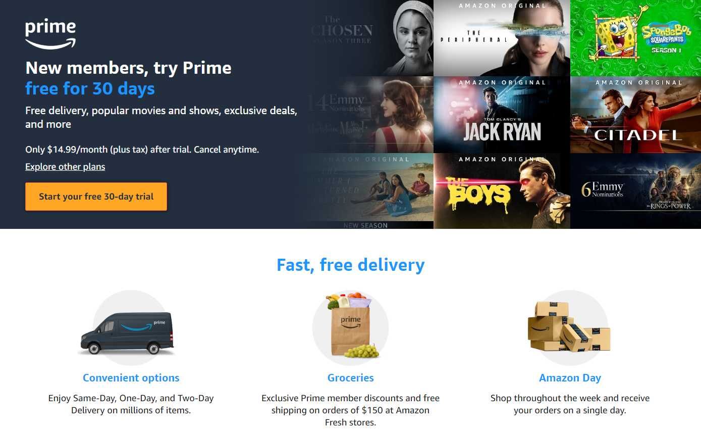 Amazon's loyalty program name "Amazon Prime" and loyalty program benefits displayed on their loyalty program home page.