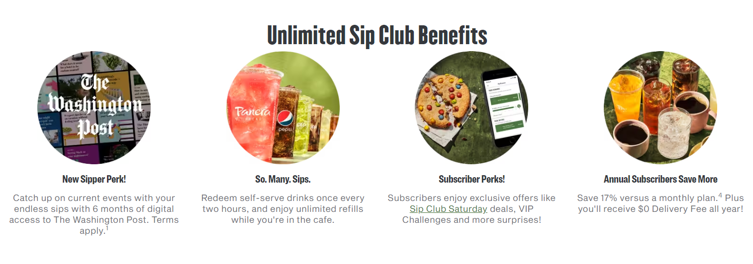 Panera's loyalty program name "Unlimited Sip Club" and loyalty program benefits displayed on their loyalty program home page.