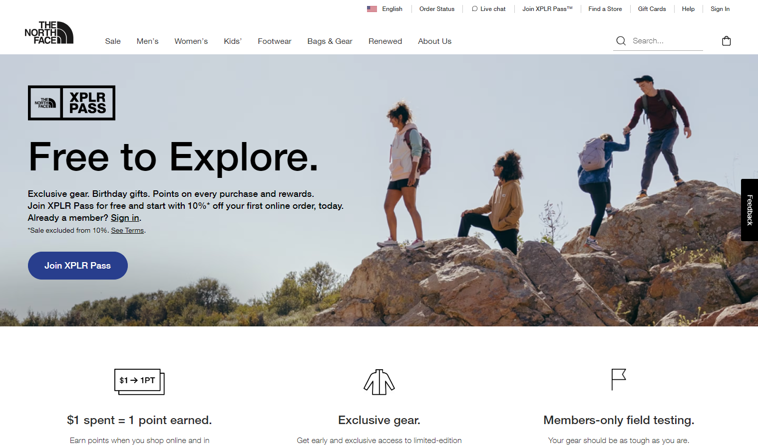 North Face's loyalty program name "XPLR Pass" displayed on their loyalty program home page.