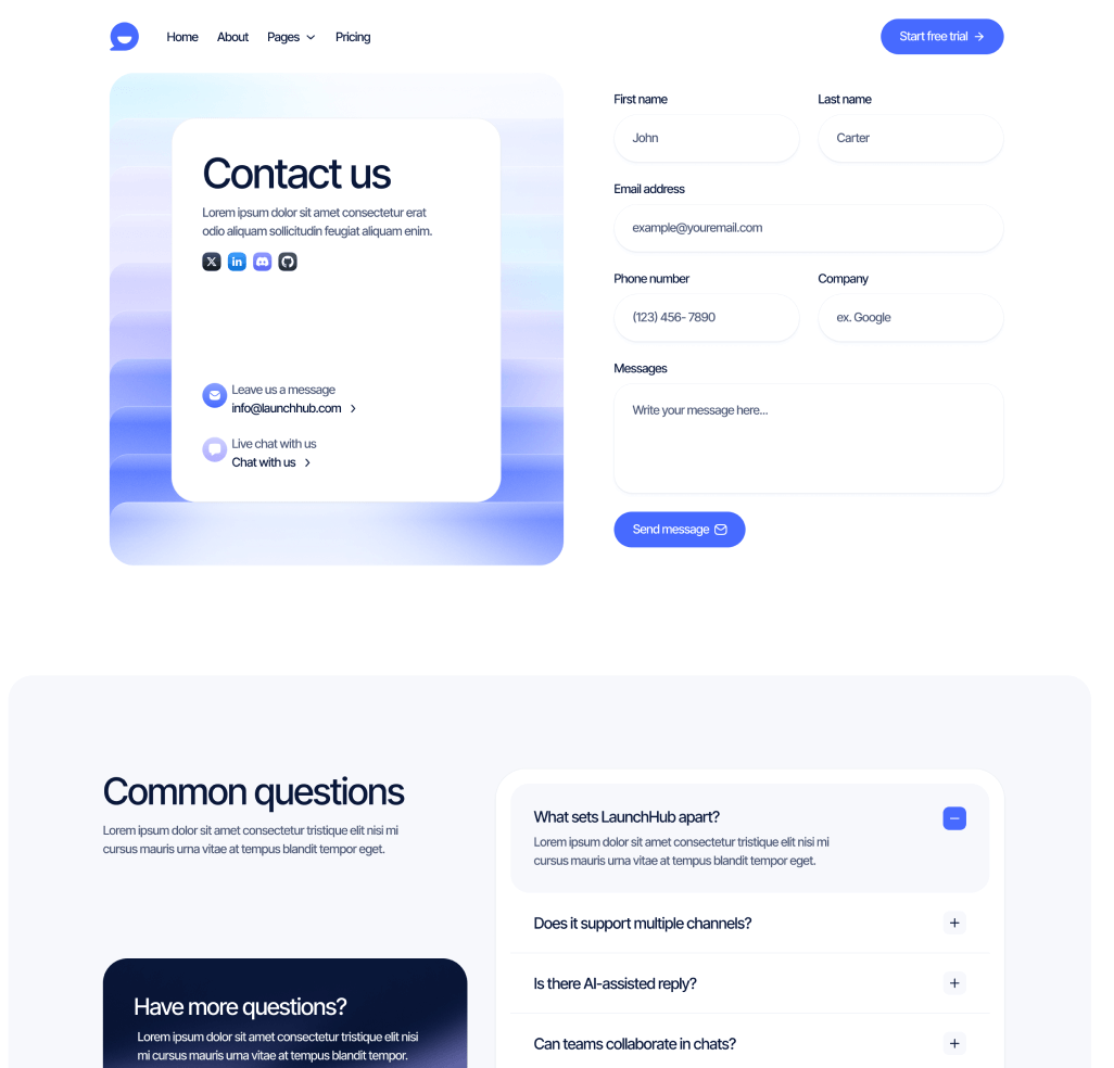 LaunchHub - Contact V1 Page - Support Platform Webflow Template