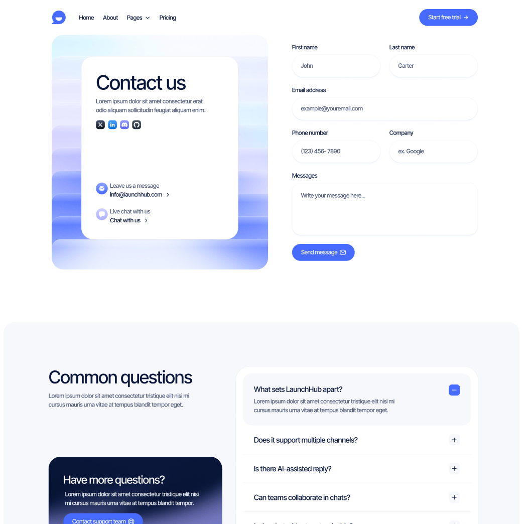 LaunchHub - Contact V1 Page - Support Platform Webflow Template