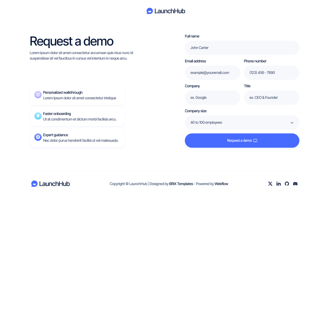 LaunchHub - Request A Demo Page - Support Platform Webflow Template