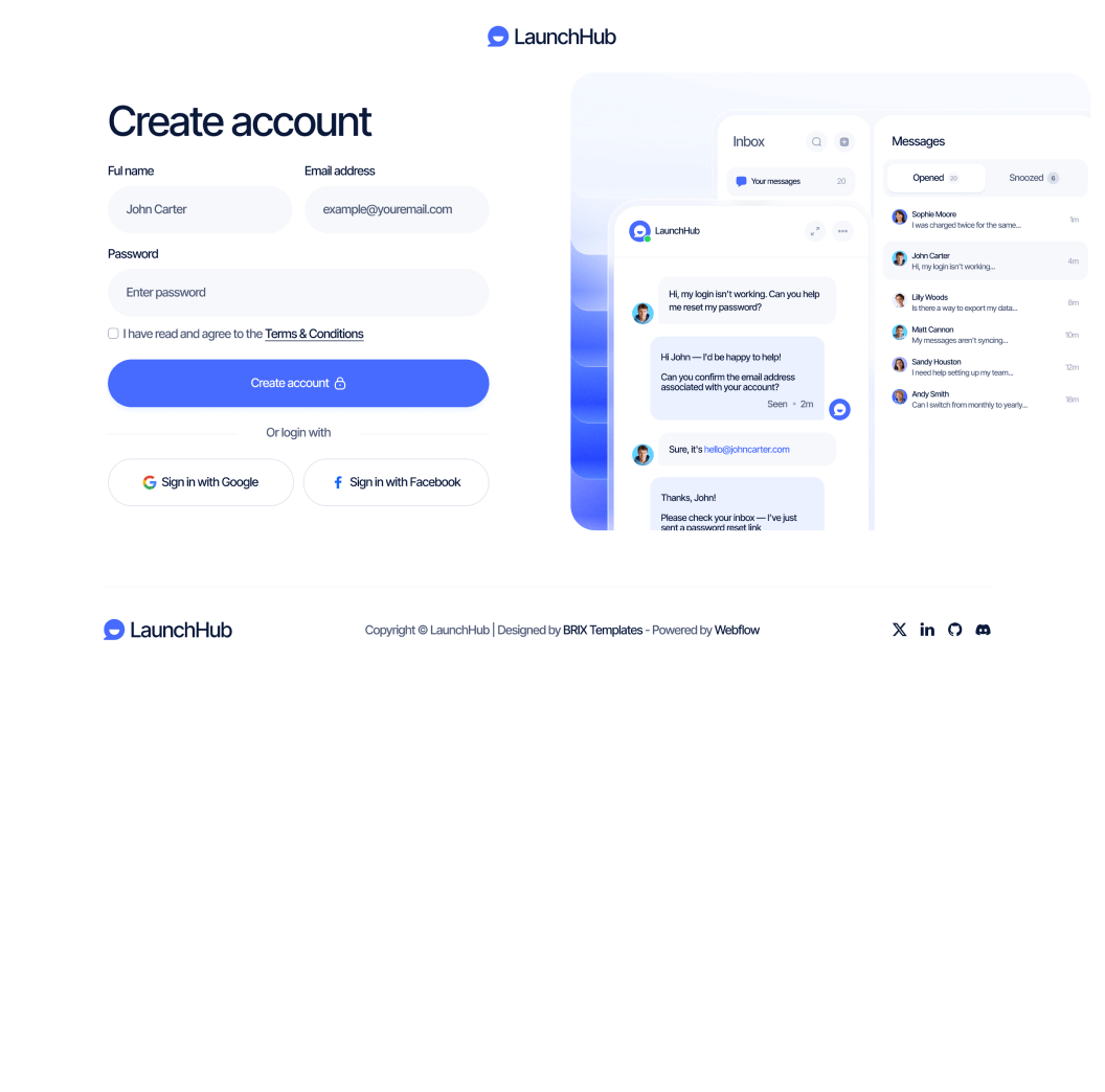 LaunchHub - Sign Up Page - Support Platform Webflow Template