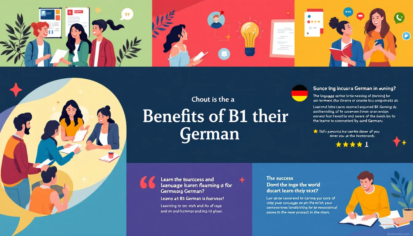 Vorteile eines B1 Deutschkurses, dargestellt durch Lernende, die Freude am Lernen haben.