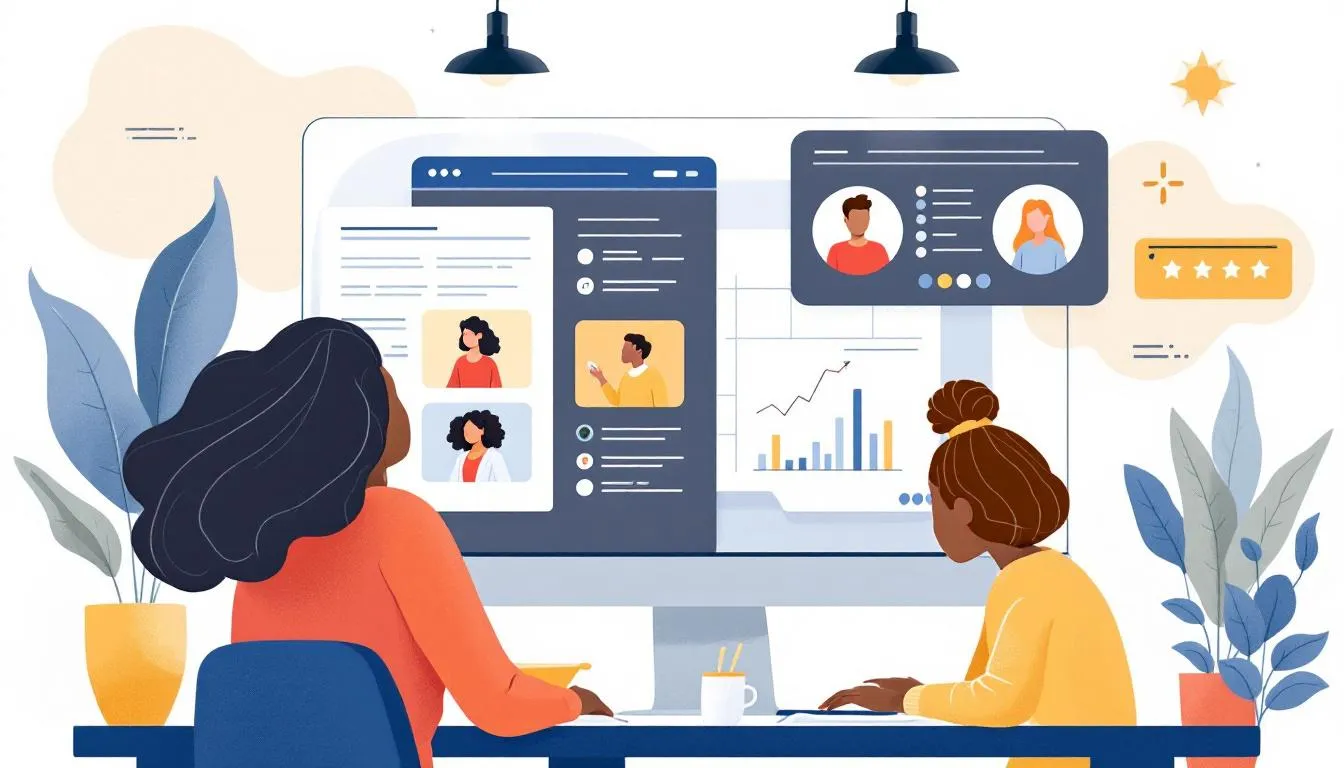 Eine Darstellung der Online Hausaufgabenhilfe, die Schüler und Lehrer in einer virtuellen Lernumgebung zeigt.