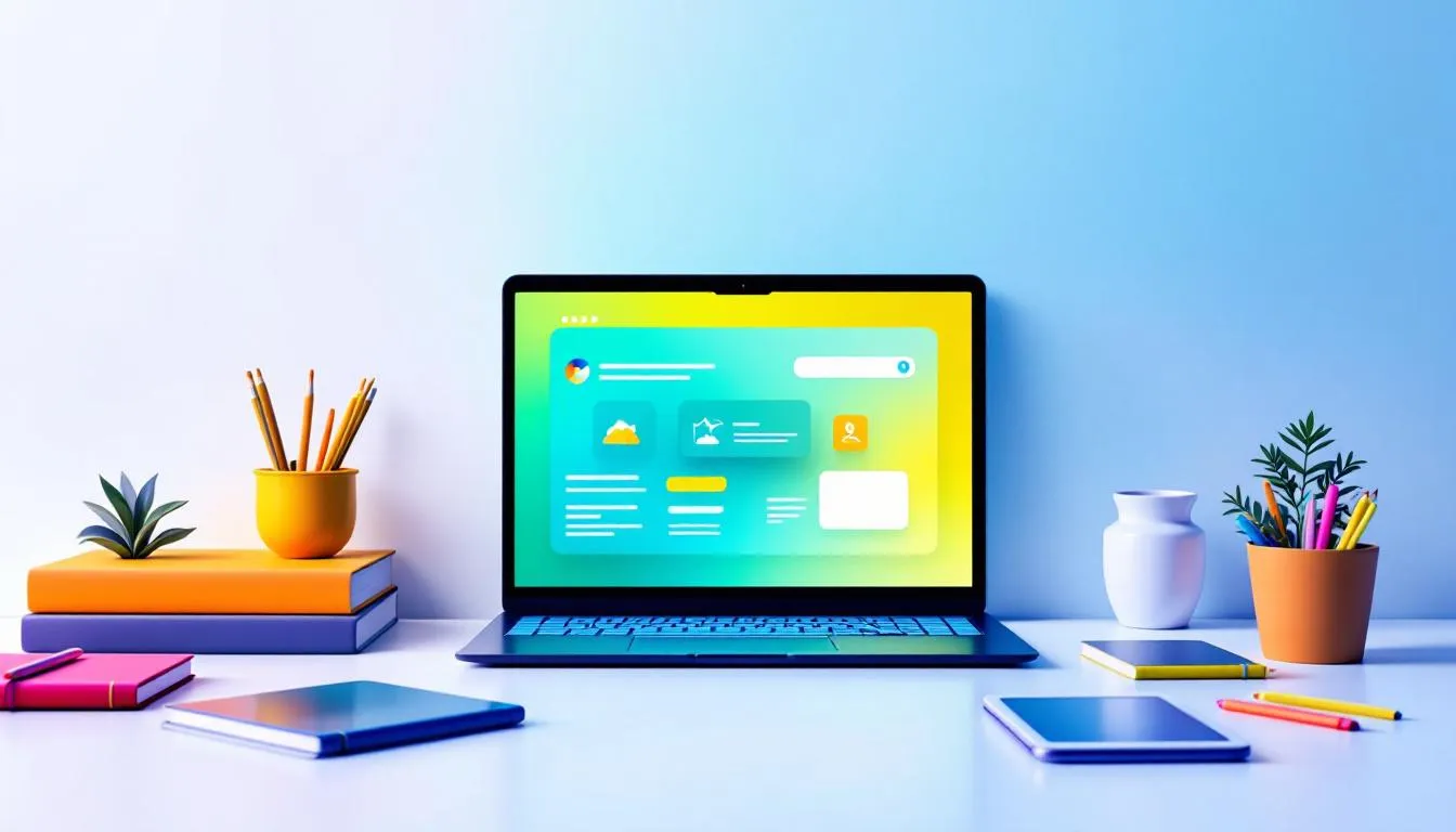 Eine interaktive Lernumgebung, die Schüler beim Lernen unterstützt, einschließlich eines Laptops und Lernmaterialien.