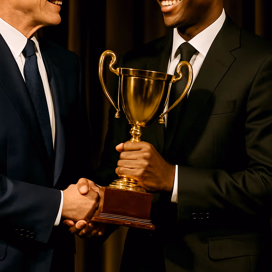 A classic cup shaped trophy being given to someone in a suit.