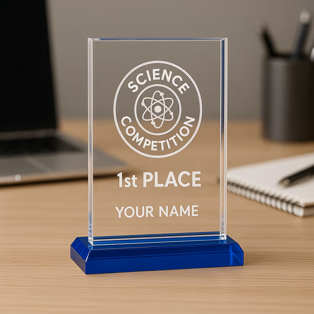 An acrylic see through and blue science competition award for 1st place on someones desk.