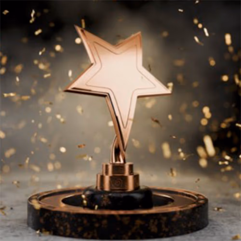 A golden star shaped award.