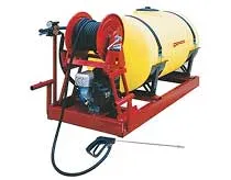 Industrial yellow tank mounted on a red metal frame with a hose reel and spray wand.