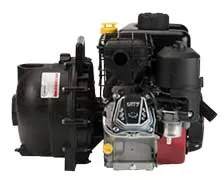 Compact black engine with attached pump components and fuel tank.