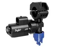 Black Tarfleet 12-volt electric sprayer nozzle with a blue valve and mounting clamp.