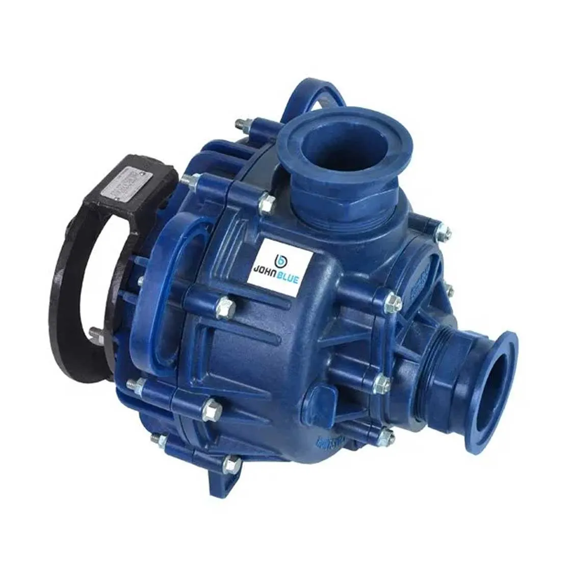 Blue John Blue branded industrial pump with multiple bolt fixtures and inlet/outlet ports.
