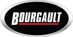 Bourgault logo with white bold text and a red underline inside a black oval background.