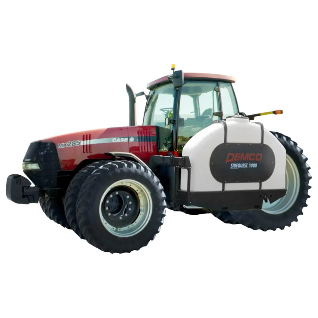 Red CASE IH MX285 tractor equipped with a white DEMCO SideQuest 1000 attachment on the side.