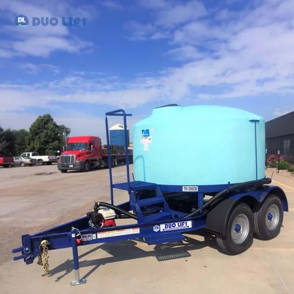 Blue Duo Lift trailer with large light blue tank mounted on it parked in a lot under a partly cloudy sky.