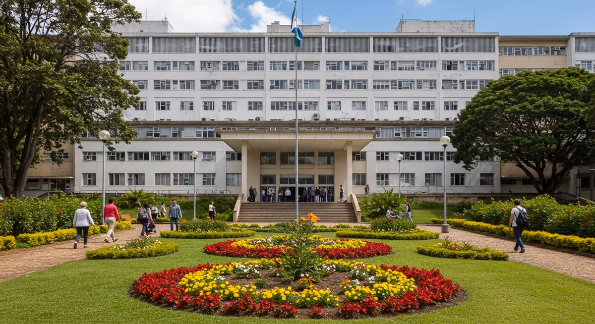 Fachada de hospital com jardim colorido na entrada
