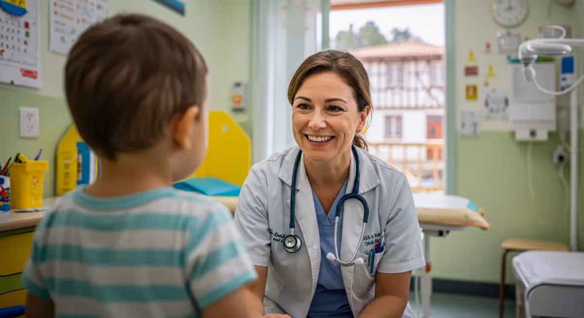 Médica sorridente atendendo criança em consultório