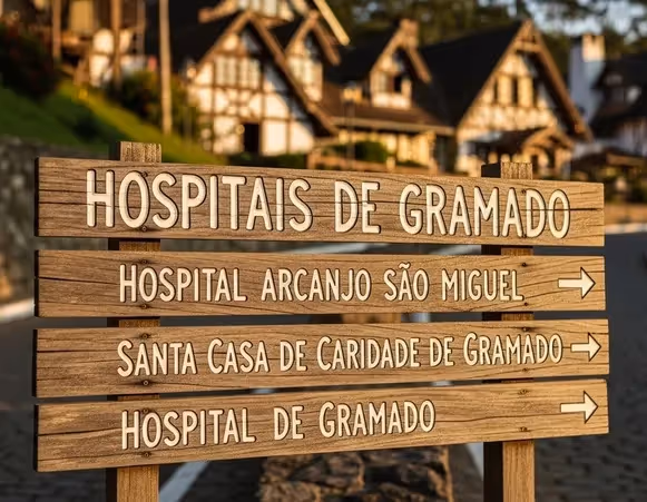Placa de madeira indicando hospitais em Gramado