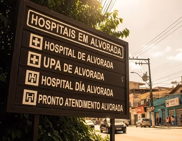 Placa indicando hospitais e pronto atendimento em Alvorada