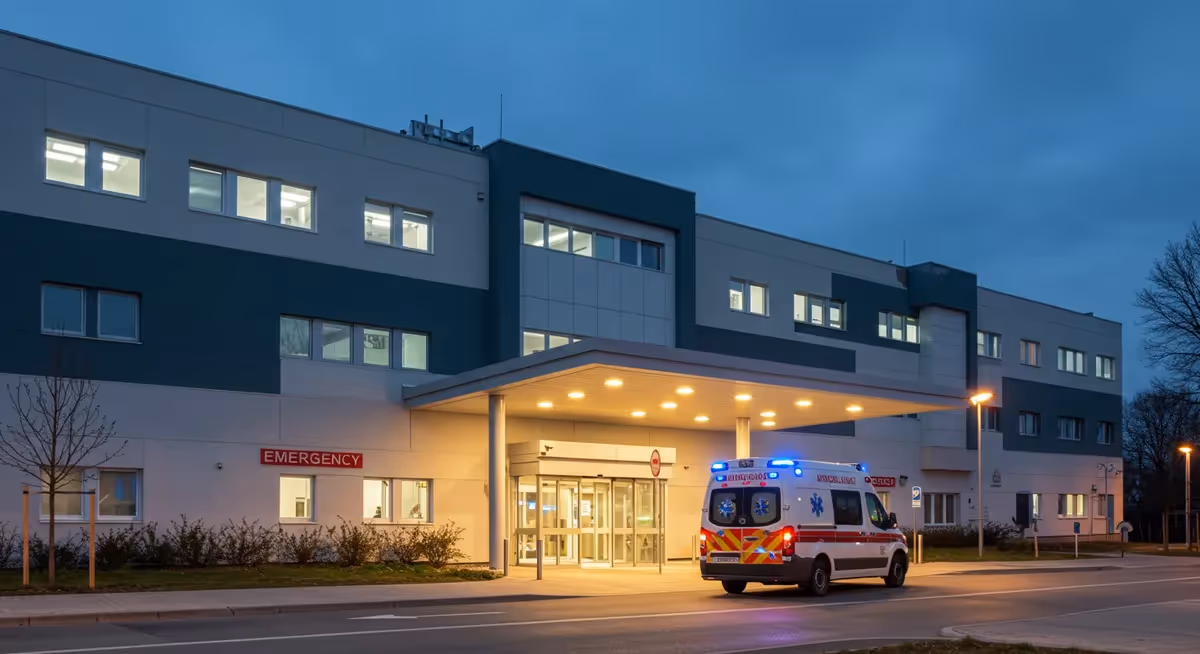 Fachada de hospital com ambulância na emergência à noite