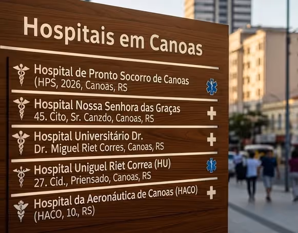 Placa de madeira com lista de hospitais em Canoas no RS