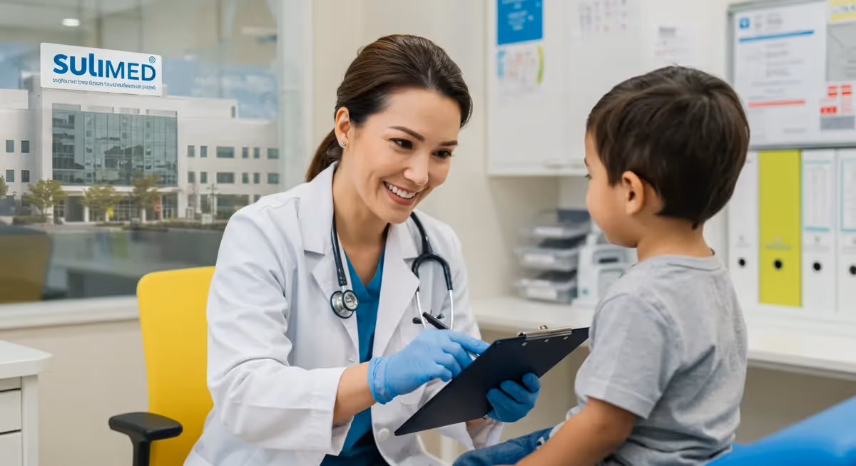 Médica sorridente atendendo criança em consultório Sulmed