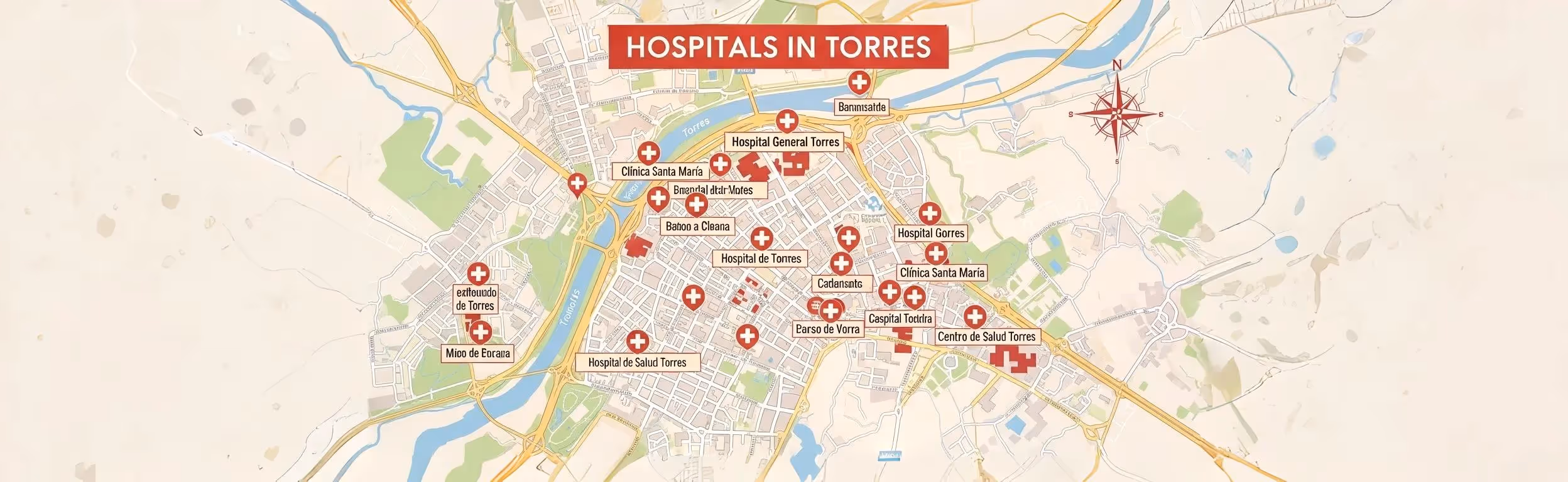 Mapa ilustrado destacando hospitais e clínicas localizados em Torres.