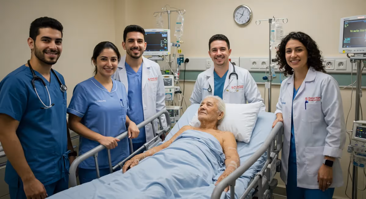 Equipe médica e de enfermagem ao lado de paciente idoso em leito hospitalar.