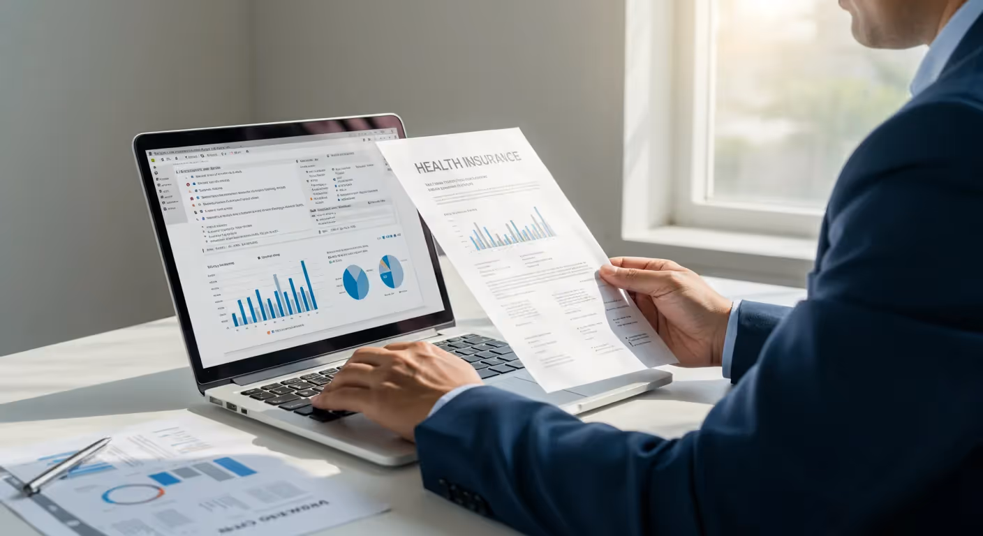 Homem analisando relatórios de seguro saúde no laptop.