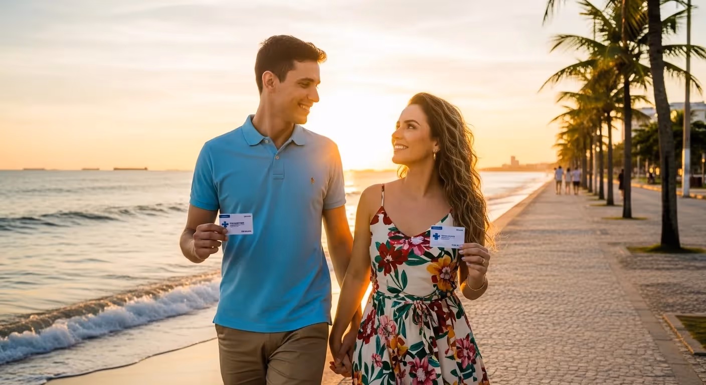 Casal mostrando cartões de plano de saúde à beira-mar
