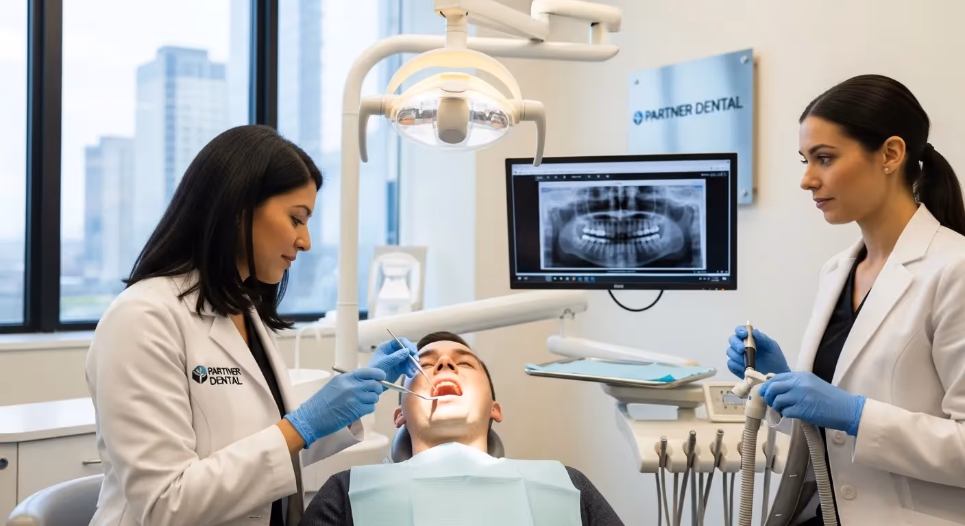 Dentistas realizando atendimento odontológico em clínica