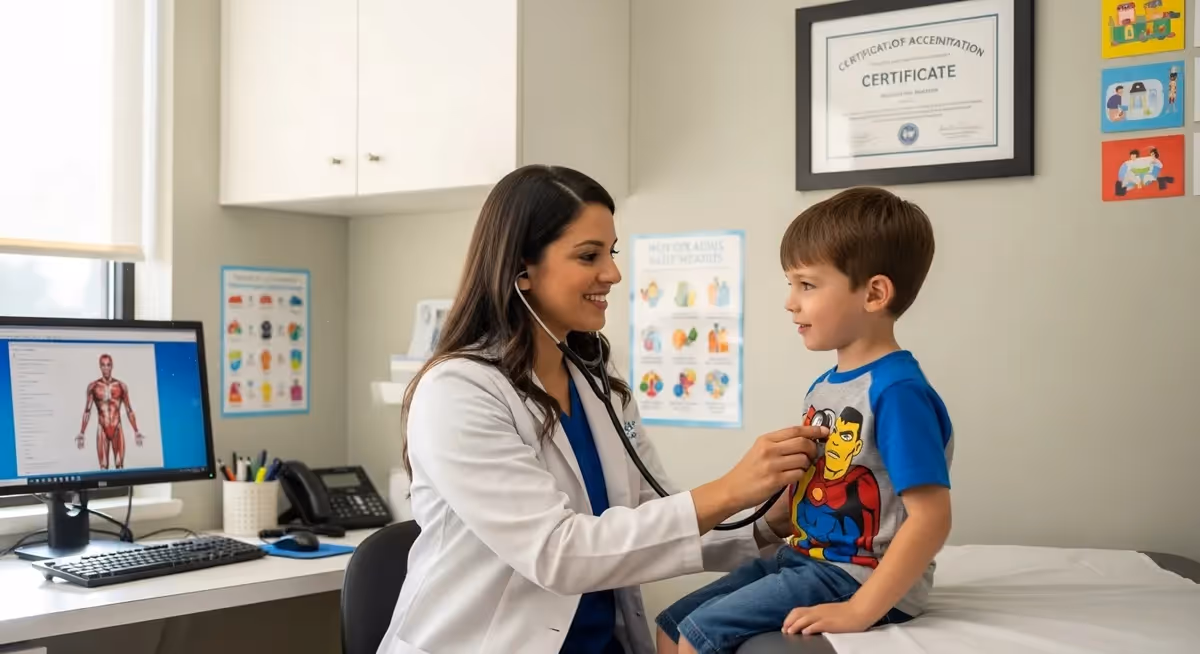 Pediatra usando estetoscópio em menino durante consulta infantil