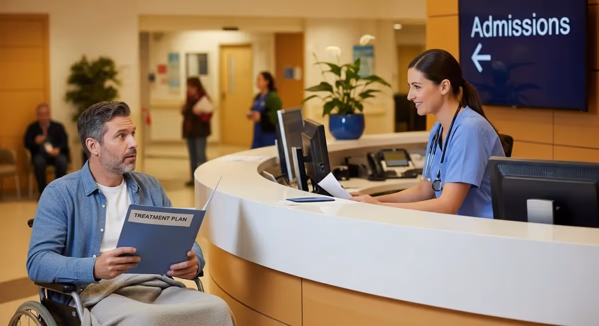 Enfermeira orienta paciente em cadeira de rodas na recepção